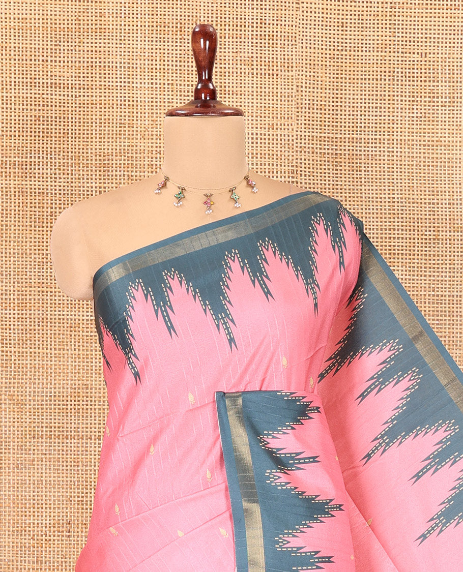 Baby Pink Katan Silk Saree Features Buttas, Complemented by Contrast Temple Zari Border, Striped Pallu, and a Contrast Blouse