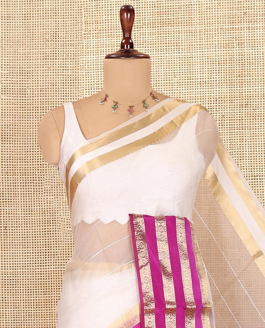 Off-White-Violet Horizontal Striped Semi-Organza Saree, a Contrast Traditional Zari Border, Striped Pallu, and a Contrast Blouse