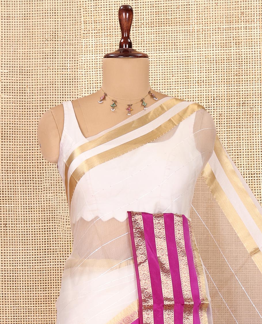 Off-White-Violet Horizontal Striped Semi-Organza Saree, a Contrast Traditional Zari Border, Striped Pallu, and a Contrast Blouse