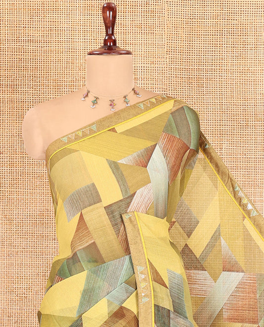 Mehendi Chiffon Saree, Adorned with Geometric Print, Lace Embroidery Border, and Matching Blouse