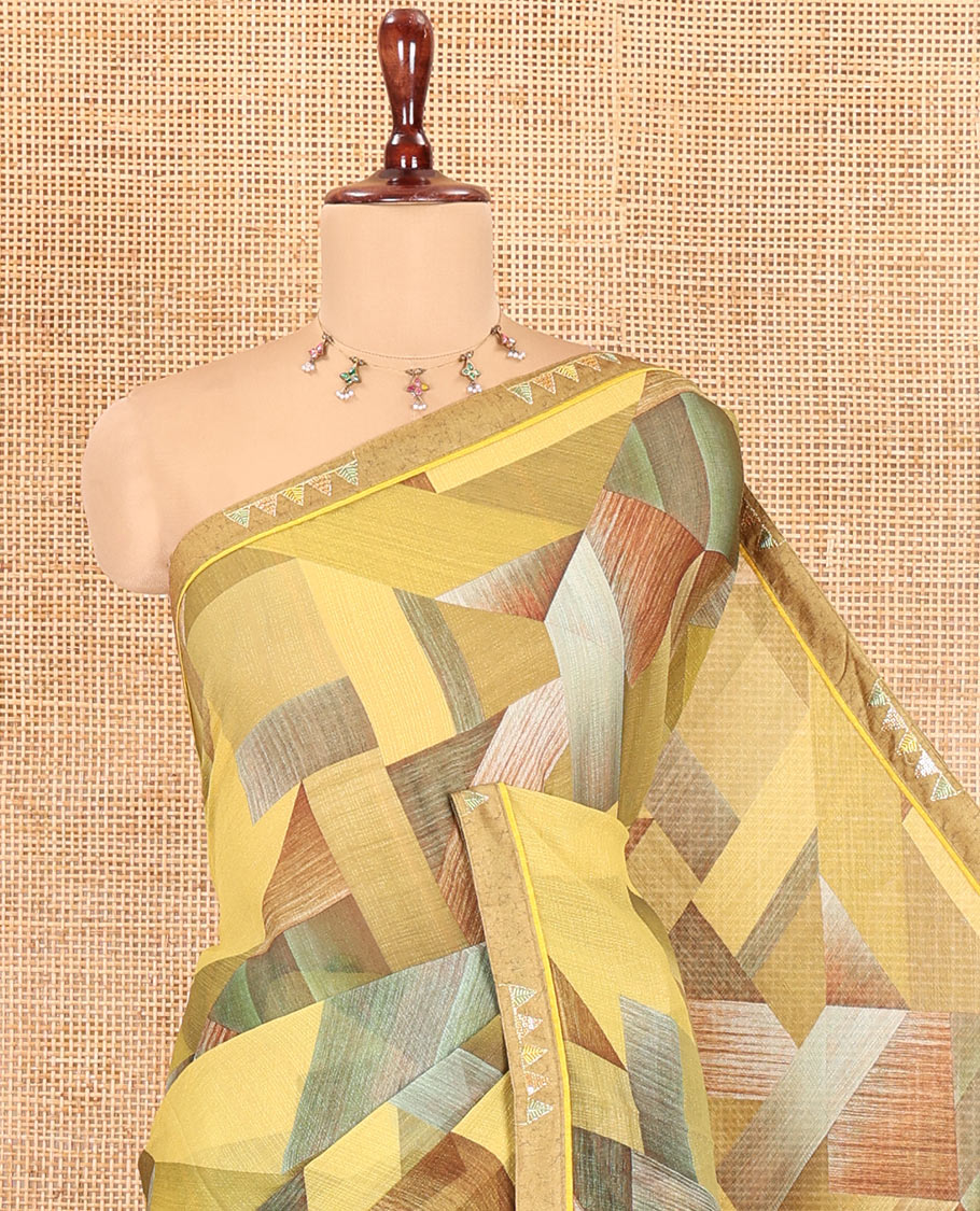 Mehendi Chiffon Saree, Adorned with Geometric Print, Lace Embroidery Border, and Matching Blouse