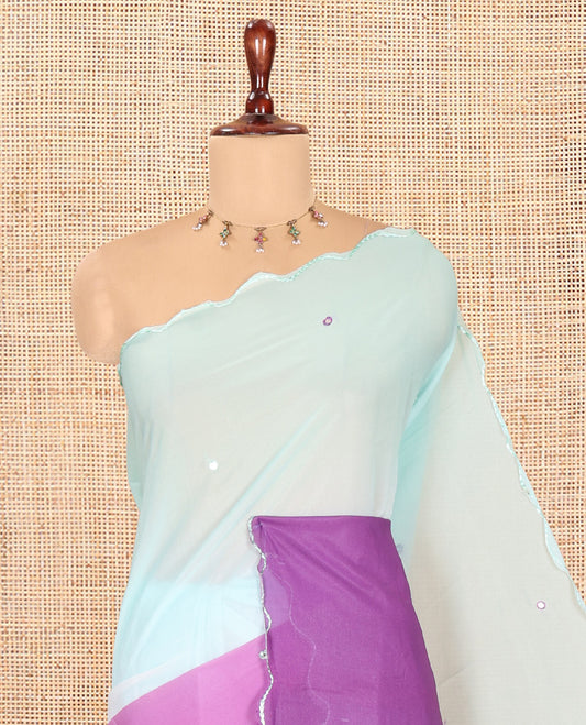 Purple-Pista Green Chiffon Saree Features Ombre-Dye and Mirrorwork, Scallop Border, and a Matching Blouse