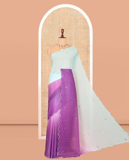 Purple-Pista Green Chiffon Saree Features Ombre-Dye and Mirrorwork, Scallop Border, and a Matching Blouse