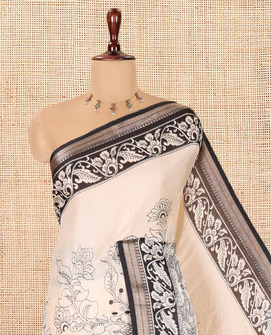 Cream-Black Kalamkari Printed Moss Chiffon Saree, a Contrast Border, a Contrast Blouse