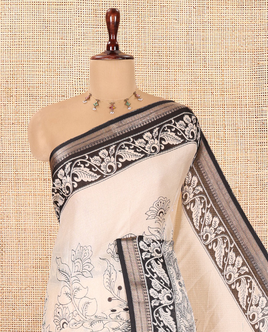 Cream-Black Kalamkari Printed Moss Chiffon Saree, a Contrast Border, a Contrast Blouse