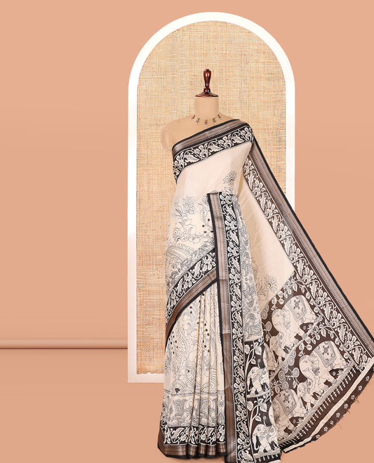 Cream-Black Kalamkari Printed Moss Chiffon Saree, a Contrast Border, a Contrast Blouse