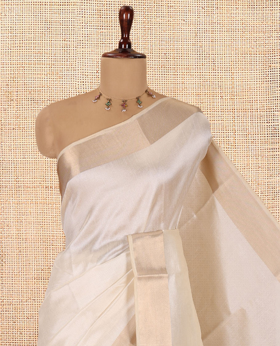 Cream Plain Semi-Tussar Saree, a Zari Border, a Self-Pallu, and a Matching Blouse