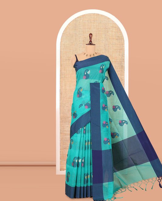 Rama Green Kota Chex Saree Features Floral-Triangle Thread Weave, a Contrast Border, and a Matching Blouse