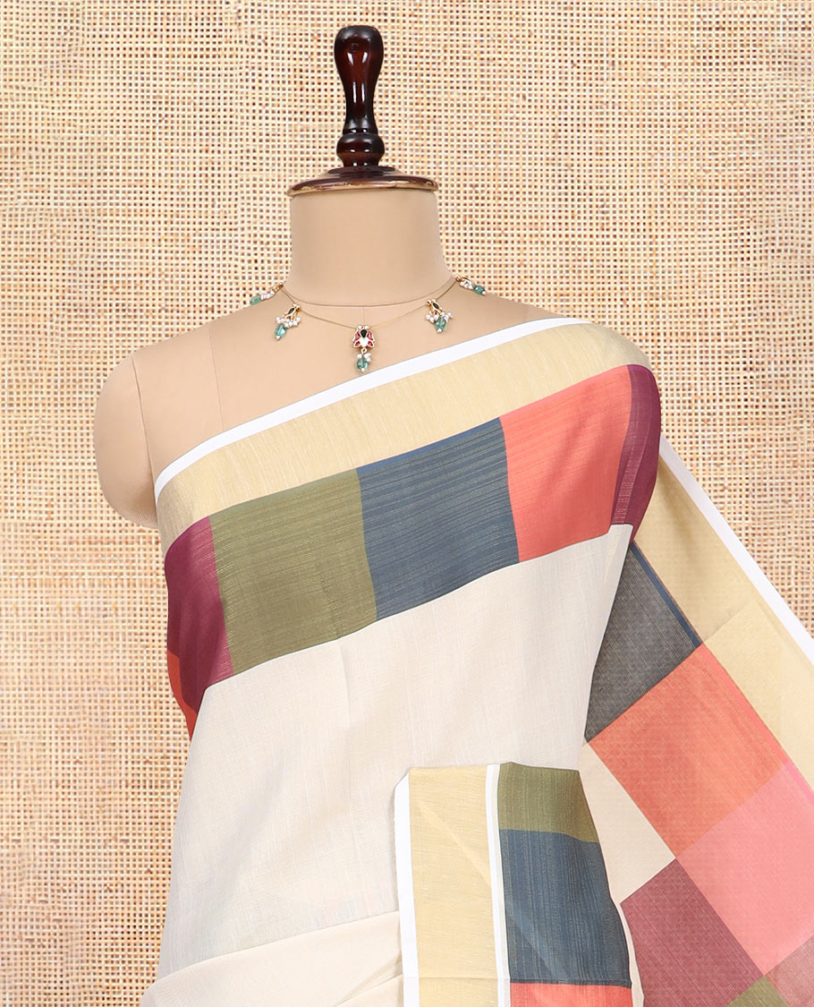Gold Plain Kerala Tissue Cotton Saree, a Contrast Big Multi-Color Checked Border, Checked Pallu, and a Contrast Blouse