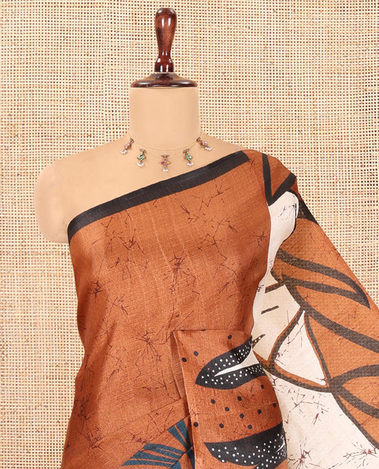 Brown Batik-Style Floral Printed Art Khadi Cotton Saree, a Contrast Border, and a Matching Blouse