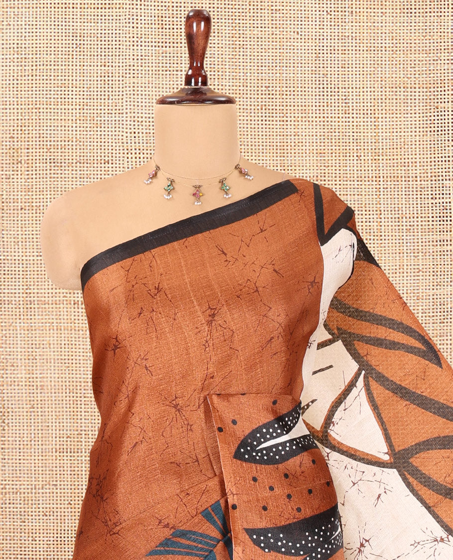 Brown Batik-Style Floral Printed Art Khadi Cotton Saree, a Contrast Border, and a Matching Blouse