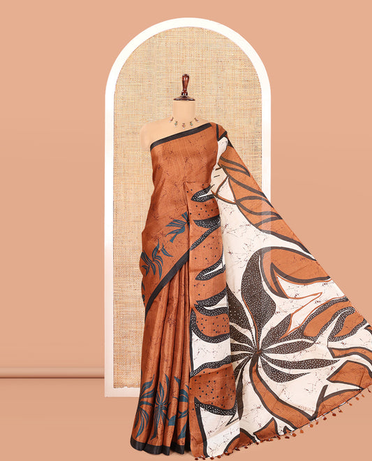 Brown Batik-Style Floral Printed Art Khadi Cotton Saree, a Contrast Border, and a Matching Blouse
