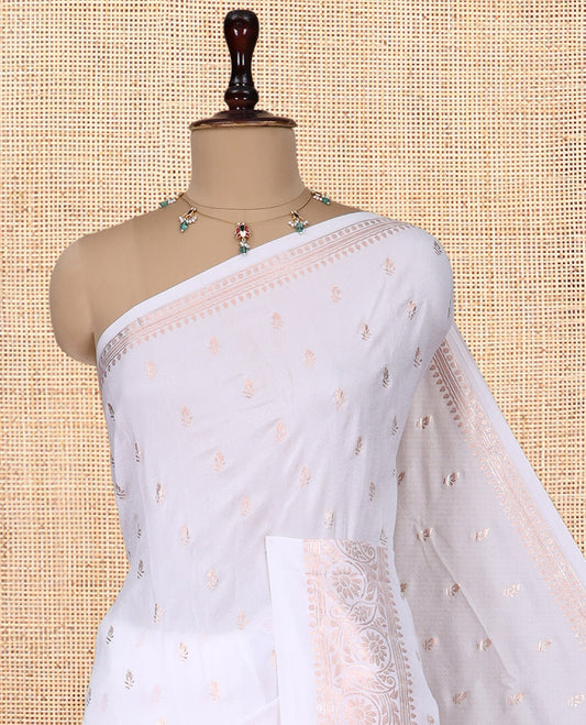 White Vichitra Silk Saree, Subtly Woven with Zari Buttas, a Zari Border, and a Matching Blouse