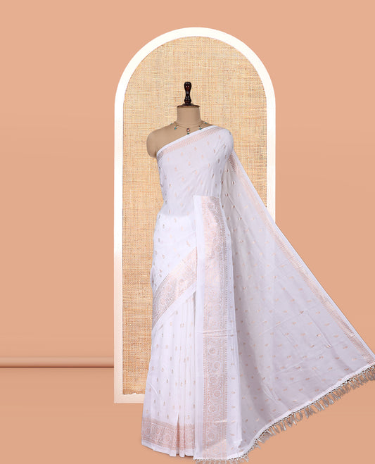 White Vichitra Silk Saree, Subtly Woven with Zari Buttas, a Zari Border, and a Matching Blouse