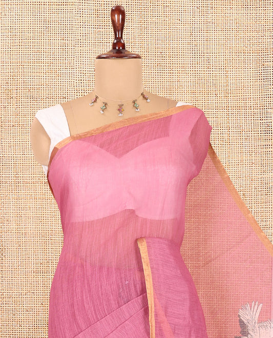Borderless Pink Linen Cotton Saree, Adorned with Crane Motifs Print, and a Matching Blouse