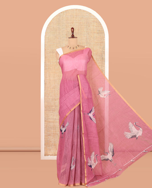 Borderless Pink Linen Cotton Saree, Adorned with Crane Motifs Print, and a Matching Blouse
