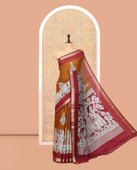 Mustard Chanderi Cotton Saree, Accentuated with Kalamkari Print, a Contrast Zari Border, Kalamkari Pallu, a Contrast Blouse