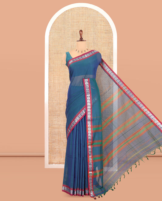 Blue Plain Mercerized Cotton Saree, a Contrast Peacock Temple Thread Border, Striped Pallu, and a Matching Blouse