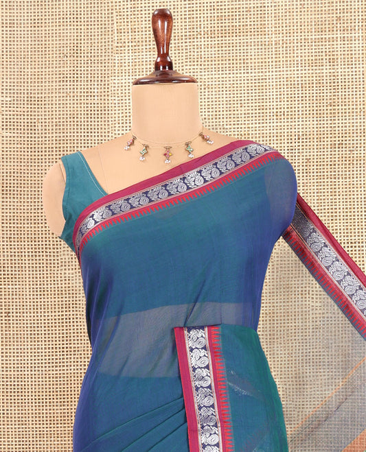 Blue Plain Mercerized Cotton Saree, a Contrast Peacock Temple Thread Border, Striped Pallu, and a Matching Blouse