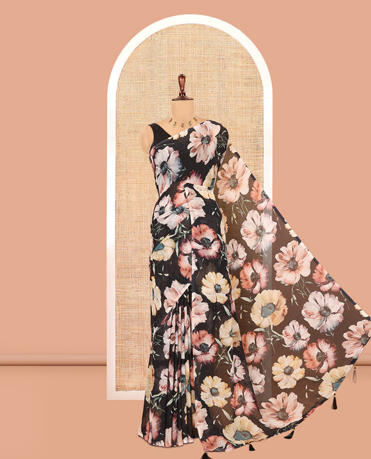Borderless Black Chiffon Saree, Accentuated with Floral Motif Print, a Self-Pallu, and No Blouse