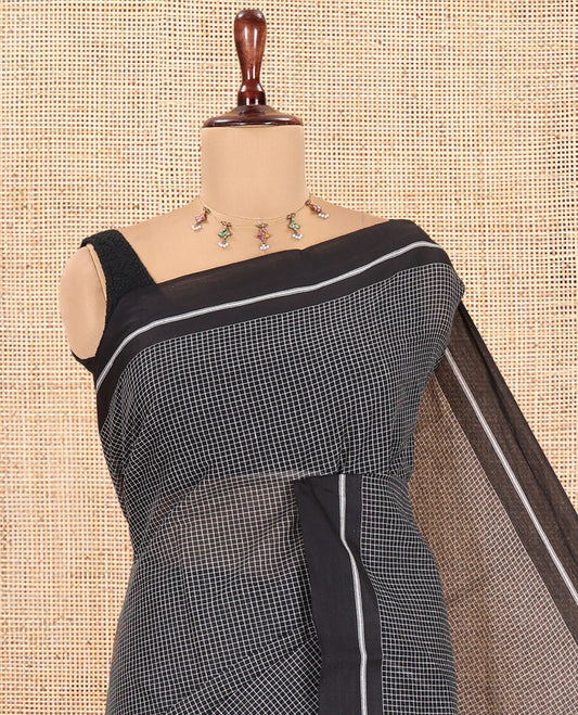 Black Micro-Checked Chettinad Cotton Saree, a Self-Border, Striped Pallu,  No Blouse