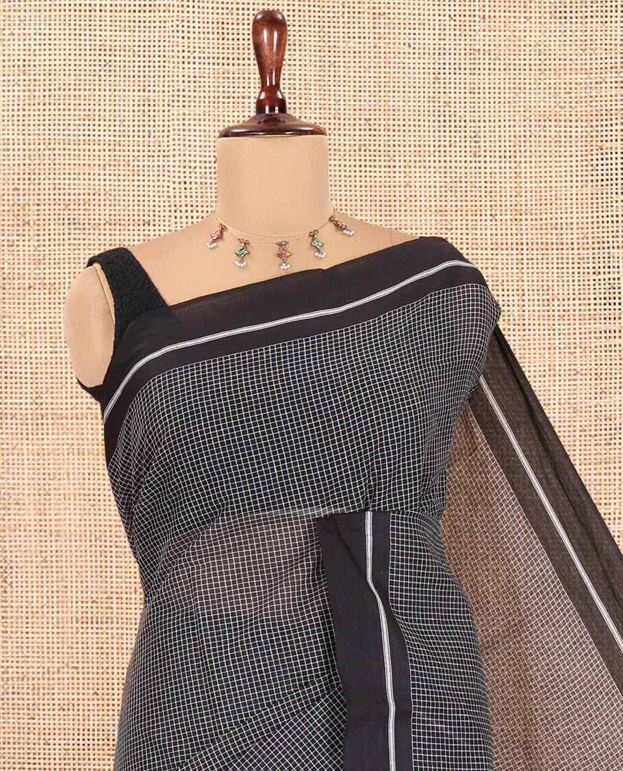 Black Micro-Checked Chettinad Cotton Saree, a Self-Border, Striped Pallu,  No Blouse