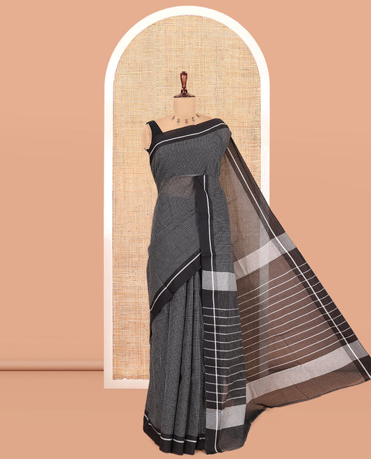 Black Micro-Checked Chettinad Cotton Saree, a Self-Border, Striped Pallu,  No Blouse