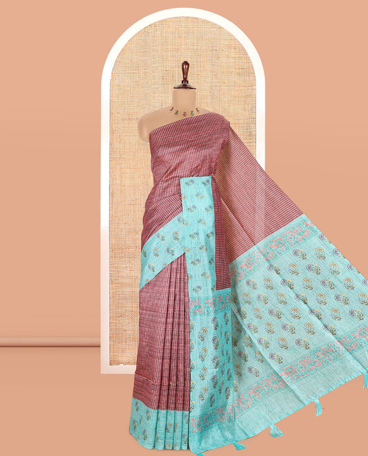 Rust Pink Semi-Tussar Saree