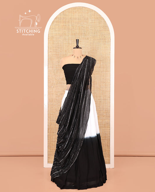 Black-And-White Half-Saree, Adorned with an Ombre-Colored Viscose Georgette Skirt, a Plain Blouse, and a Striped Dhavani