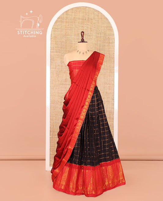 Black-Red Sungudi Cotton Half-Saree Features Checked Skirt, Contrast Gopuram Border, Contrast Blouse, and Zari-Bordered Syska Georgette Dhavani