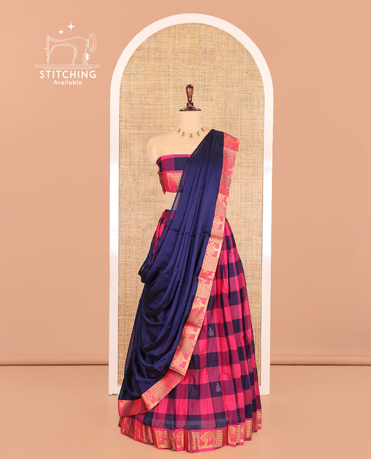 Rani-Navy Chettinad Cotton Half Saree Features Checks and Buttas Skirt, Tree Border, Matching Blouse, Contrast Dhavani