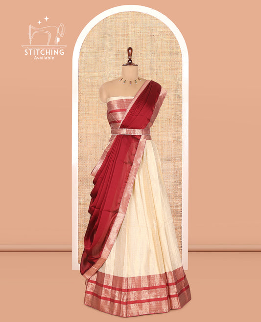Cream-Red Semi-Silk Half-Saree
