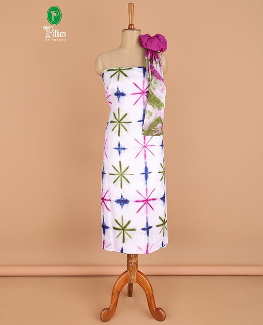 Cream with blue chudidhar material pure cotton batik print top with cotton pants & double side hand print dupatta