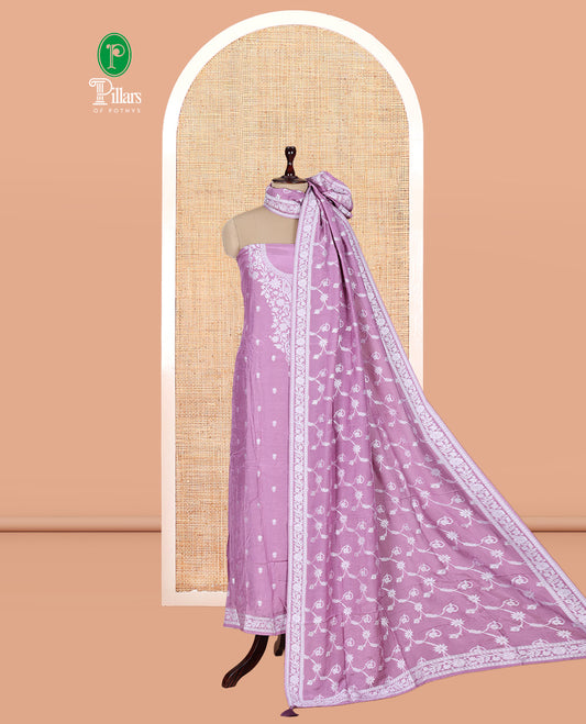 Lavender Viscose Muslin Material Churidar Features Buttas Thread Woven Top, a Santoon Bottom, and Floral Jaal Dupatta