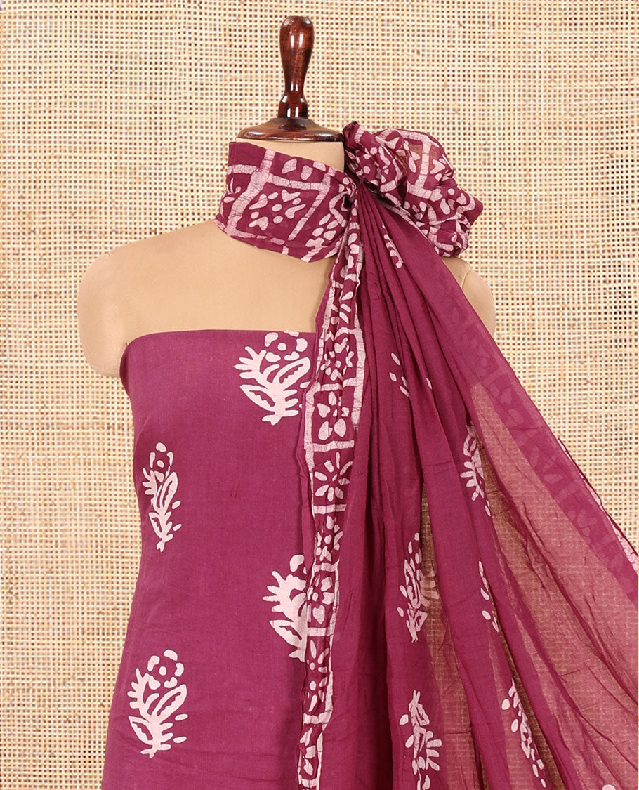 Purple Cotton Material Chudidar, Batik Printed Top, a Matching Bottom, and Batik Print Dupatta