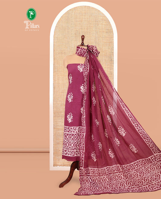 Purple Cotton Material Chudidar, Batik Printed Top, a Matching Bottom, and Batik Print Dupatta