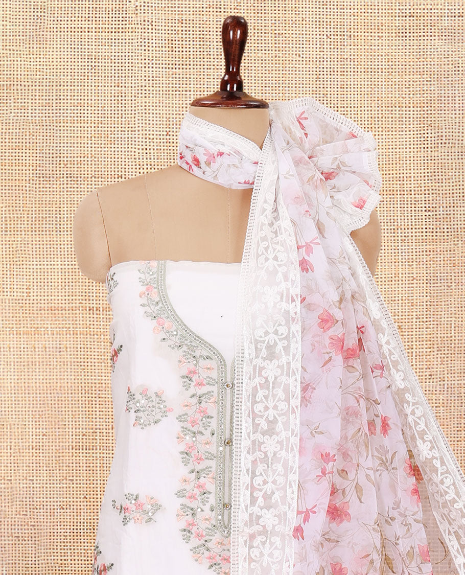White Chanderi Material Chudiddar, Floral Print Neckwork Top, Plain Bottom, Floral Printed Dupatta