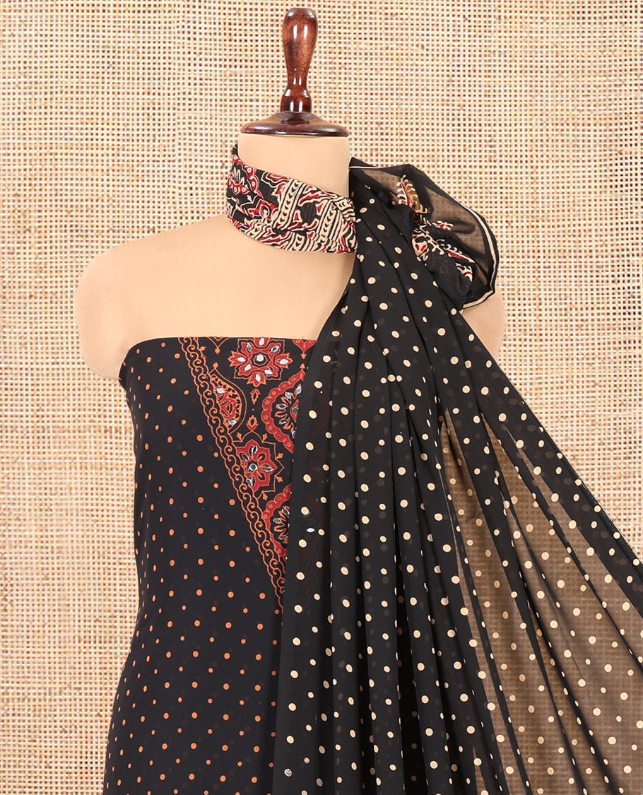 Black Georgette Material Churidar Set, Polka Dot and Ajrakh Neck Work Top, a Matching Bottom, and Ajrakh Printed Dupatta