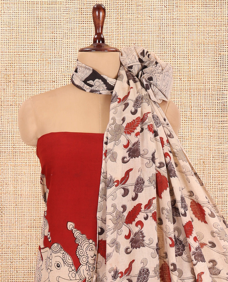 Maroon-Black Cotton Material Chudidar, Kalamkari Print Skirt, Contrast Bottom, Kalamkari Print Dhavani