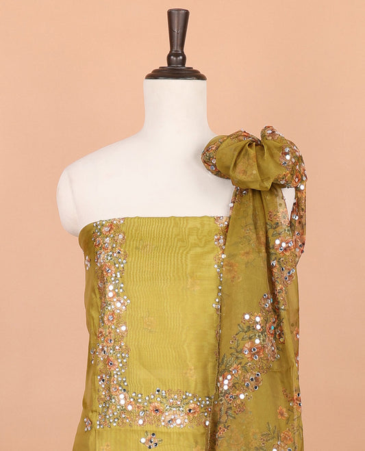Leaf green floral print, mirror work organza chudidhar material top with santoon material pant & floral print, mirror work dupatta