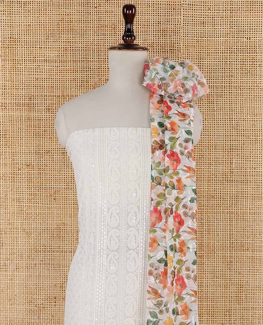 shifli lucknowi embroidery mango design georgette chudidhar material top with american crepe pant & floral digital print, sequins embroider dupatta