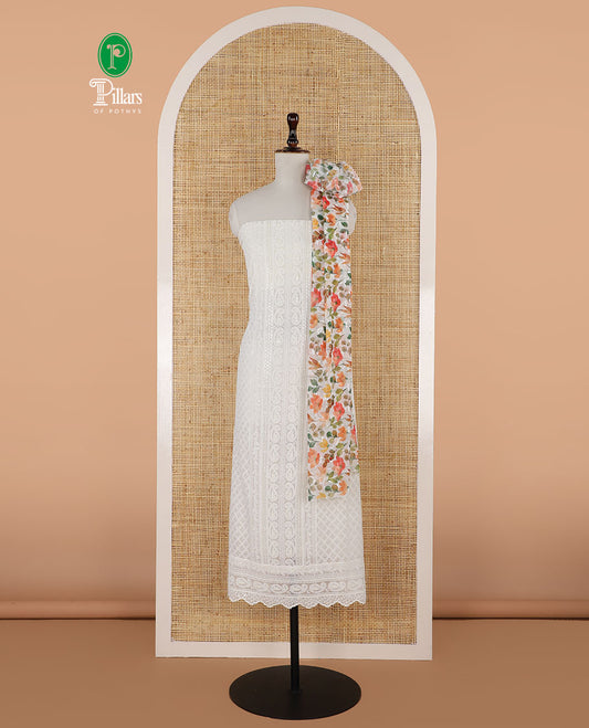 shifli lucknowi embroidery mango design georgette chudidhar material top with american crepe pant & floral digital print, sequins embroider dupatta