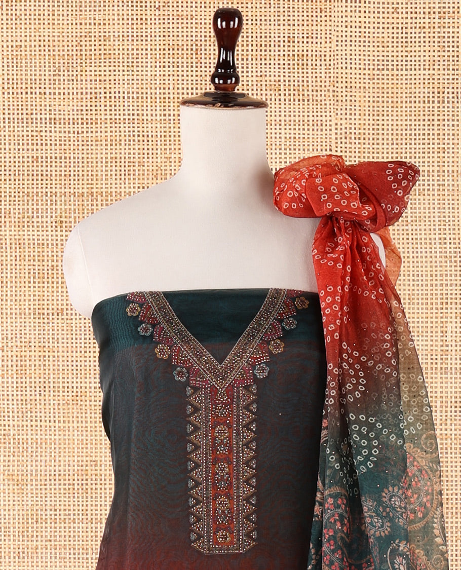 Green ombre chudidar material set, intricately printed & Swarovski stone work V-neck organza top, bhandhani print & Swarovski stone work organza dupatta & plain santoon bottom
