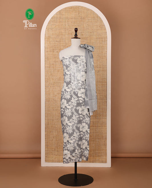 Grey cotton chudidar material set,floral print & neck sequin embroidery top,stripes printed bottom & floral printed dupatta