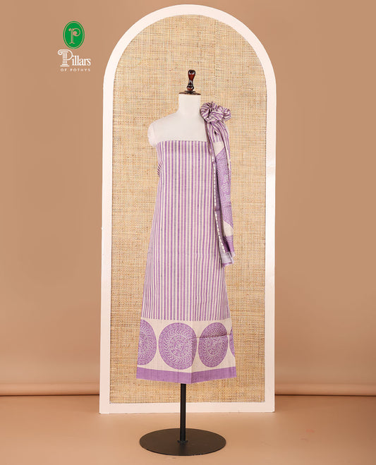 Purple semi-tussar material chudidar set, stripes & bandhani-style dotted motifs printed top & dupatta with heathered bottom