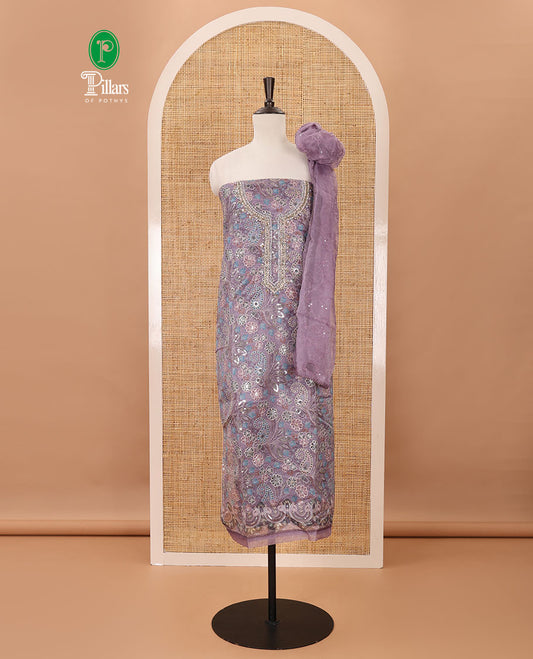 Light lavender material chudidar set, floral printed & outline mixed embroidery organza top,plain bottom & floral vine sequins embroidery dupatta