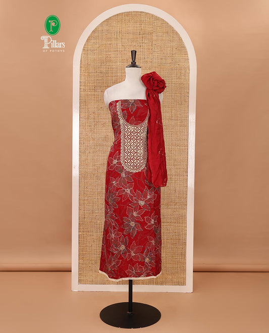 Chilli red material chudidar set, floral print & thread neck embroidered rayon top, matching cotton bottom & sequins embroidered floral dupatta