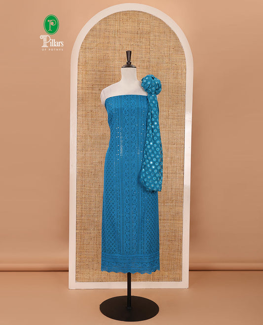 Blue material chudidar set,  floral, paisley & geometric schiffli embroidered georgette top & orginal mirror embroidered georgette dupatta