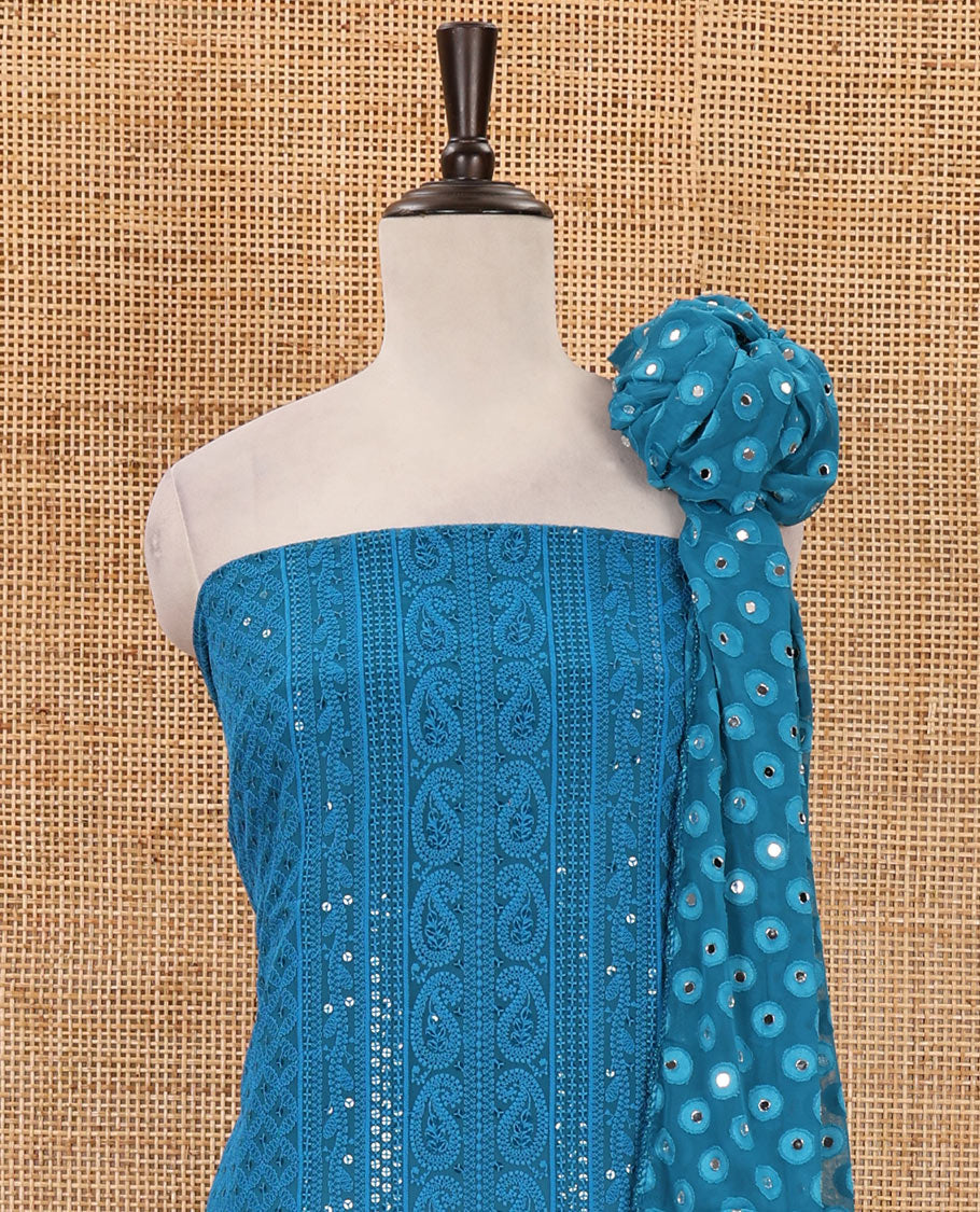 Blue material chudidar set,  floral, paisley & geometric schiffli embroidered georgette top & orginal mirror embroidered georgette dupatta