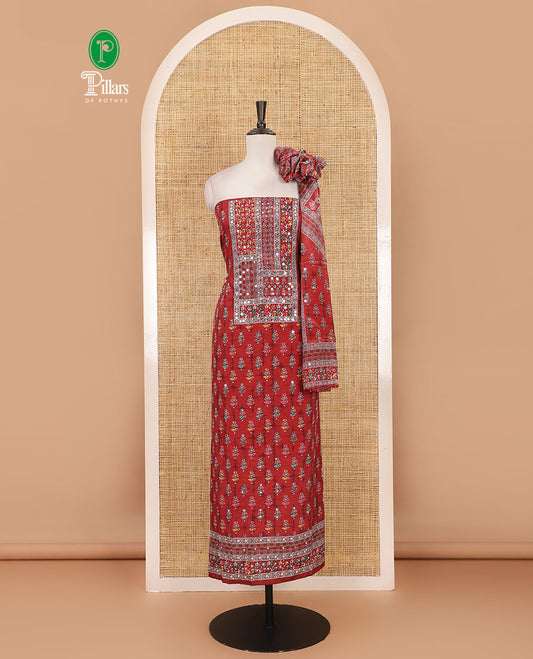 Maroon material chudidar set, floral-theme batik printed with mirror embroidered crepe top, santoon bottom, and Chinon dupatta of print, and mirror embroidery